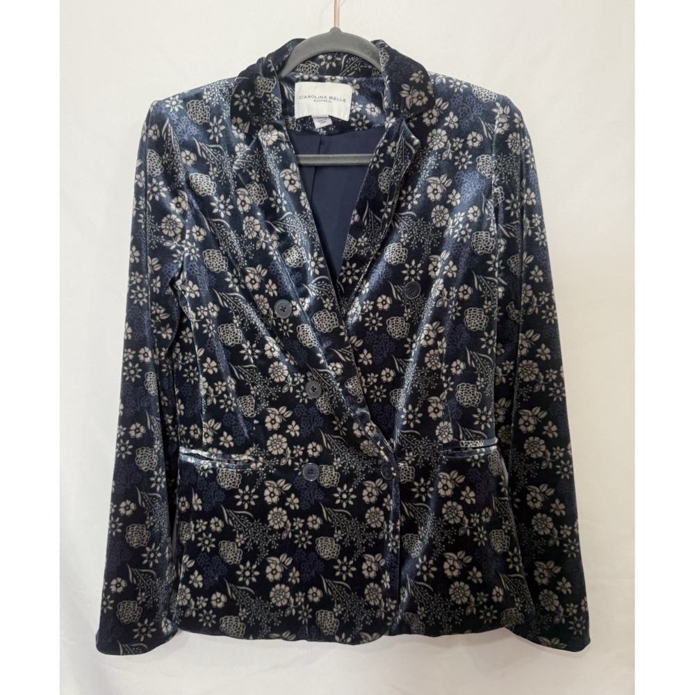 Carolina Belle Navy Velvet Floral Blazer Jacket Womens Size S *FLAW